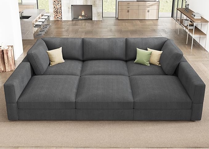 HONBAY Modular Sectional Sofa with Storage Corduroy Sleeper Sofa Modular Sectional Couches for Living Room,Dark Grey