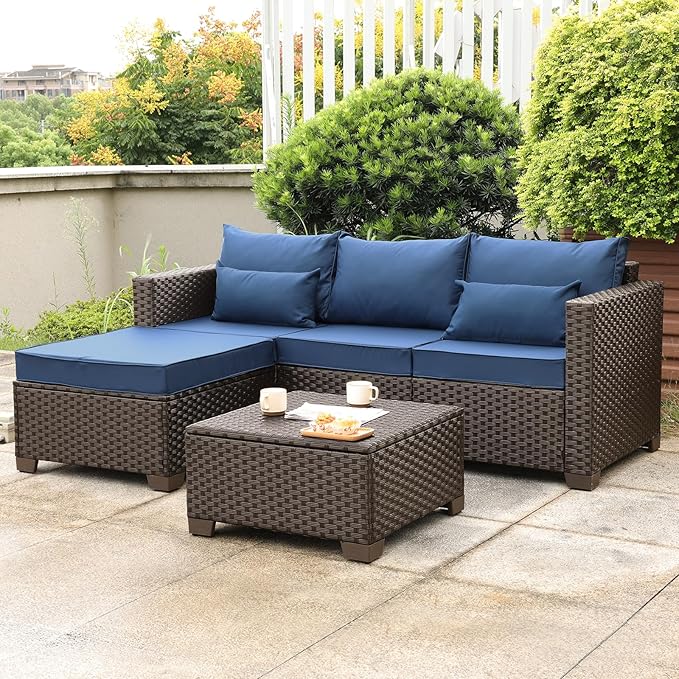 Wicker Patio Furniture Patio Couch 3 Pieces Patio Furniture Set Outdoor Sectional with Ottoman and Outdoor Storage Table with Lining Weathering Non-slip Cushions Waterproof Covers, Navy Blue