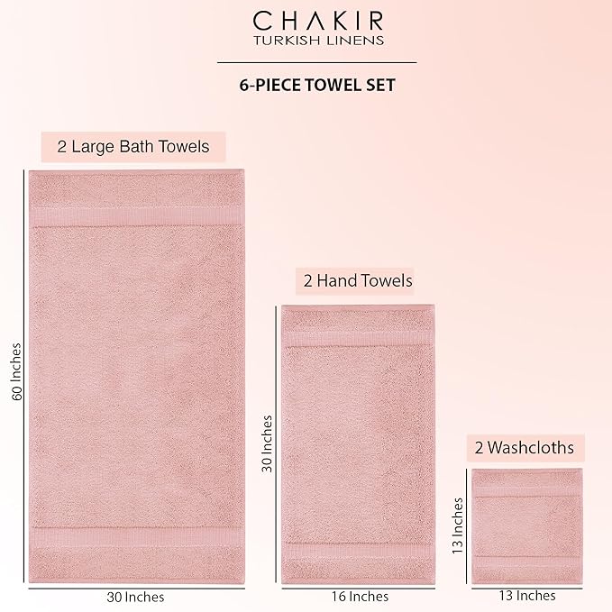 Chakir Turkish Linens 100% Cotton Premium Turkish Towels for Bathroom, 2 Large Bath Towels, 2 Hand Towels, 2 Washcloths (6-Piece Towel Set, Pink)