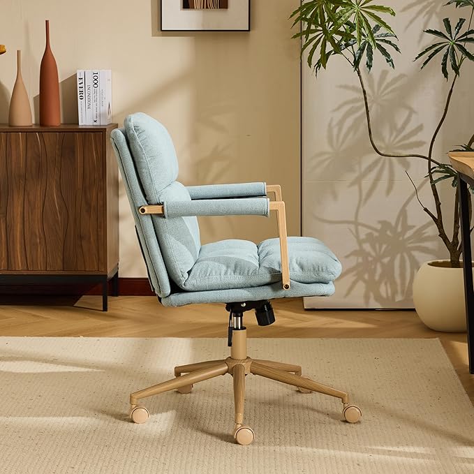 VINGLI Comfy Linen Office Desk Chair With Wheels &Detachable Cushions& Wood-like Armrests,Swivel Small Computer Task Chair,Adjustable for Girl Makeup Vanity,Teen/Kids Study,Nail Tech,Sewing,Teel Green