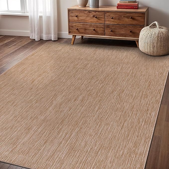 Washable Indoor Outdoor Rug 9x12 Weather Resistant Area Rugs Modern Solid Jute Rug for Porch Deck Balcony Backyard Patio Outside Carpet (9 X 12 Jute Beige)