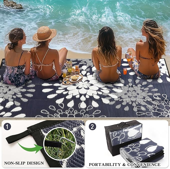 Wallona Outdoor Rugs 8x10 ft Patio Waterproof Clearance Indoor Outdoor Large Carpet for Patio Plastic Straw Reversible Area Rugs Mat for RV, Camping, Balcony, Beach, Picnic, Porch, Flower Blue & White