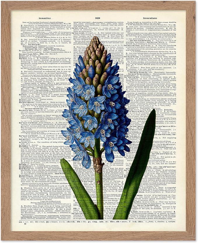 Poster Master Dictionary Art Poster - Blue Hyacinth Print - Flower Art - Floral Art - Gift for Men, Women & Florist - Minimal Decor for Bedroom, Office, Dorm or Flower Shop, 11x14 Beige Framed