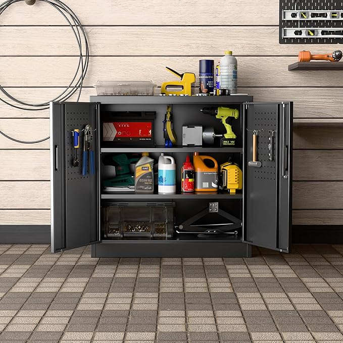 Aobabo 31.5" H Metal Storage Cabinet with 2 Shelves, Steel Lockable Cabinet with 4 Hooks for Home Office Garage, Black, Assembly Required