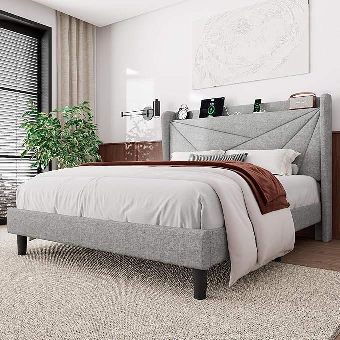 Feonase Full Bed Frame with Charging Station, Linen Upholstered Platform Bedframe with Wingback Headboard, Solid Wood Slats Support, Noise Free, No Box Spring Needed, Light Grey