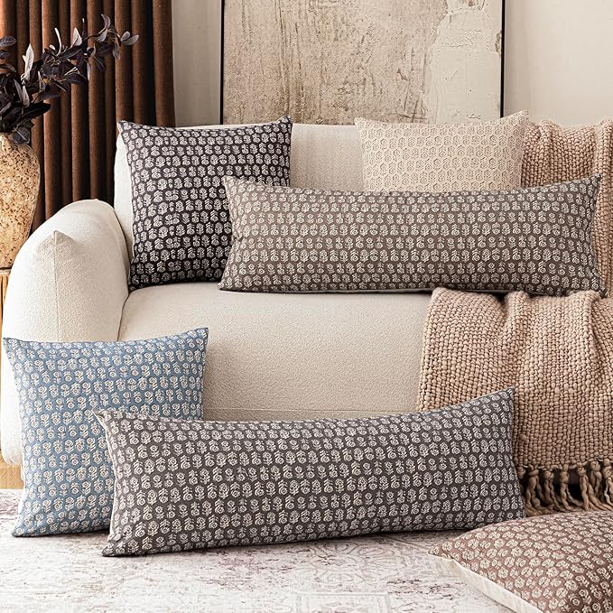 Foindtower Set of 2 Decorative Floral Long Body Lumbar Throw Pillow Covers Vintage Accent Farmhouse Cushion Covers Neutral Home Decor for Sofa Couch Chair Bedroom Living Room Outdoor,14×36 Inch,Brown