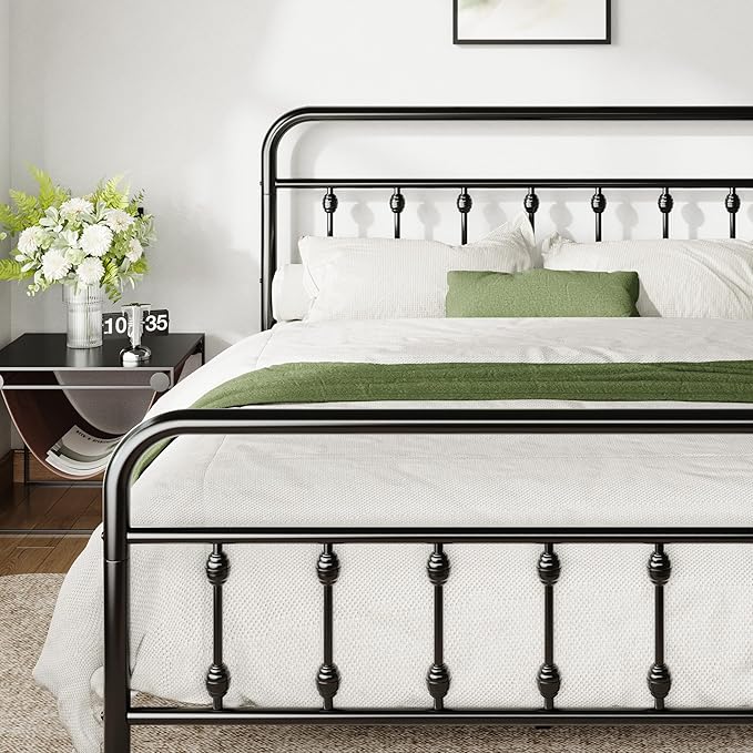 Allewie Queen Size Metal Platform Bed Frame with Victorian Style Iron-Art Headboard and Footboard, Easy Assembly, Under Bed Storage, No Box Spring Required, Black