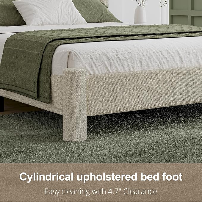 Twin Size Bed Frame, Boucle Upholstered Platform Bed with Headboard and Footboard, Soft Rounded Corners, No Box Spring Required, Easy Assembly, Cream