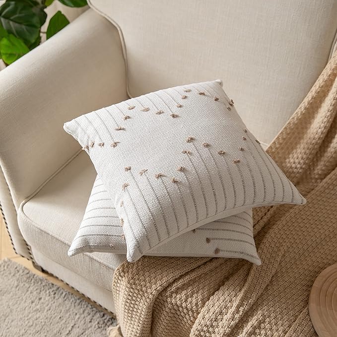 Boho Throw Pillow Covers 24x24 Set of 2 Decorative Pillows for Bed, Neutral Pillow Covers Beige with Tan Line Throw Pillows for Modern Farmhouse Couch Sofa Living Room Outdoor
