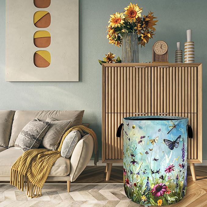Colorful Flowers Laundry Basket Foldable Oxford Cloth Colorful Dargonfly Laundry Hamper With Handle Portable Clothes Storage Basket 18.9 X 16.5 Inch Storage Bag For Laundry Room/Bathroom/Bedroom