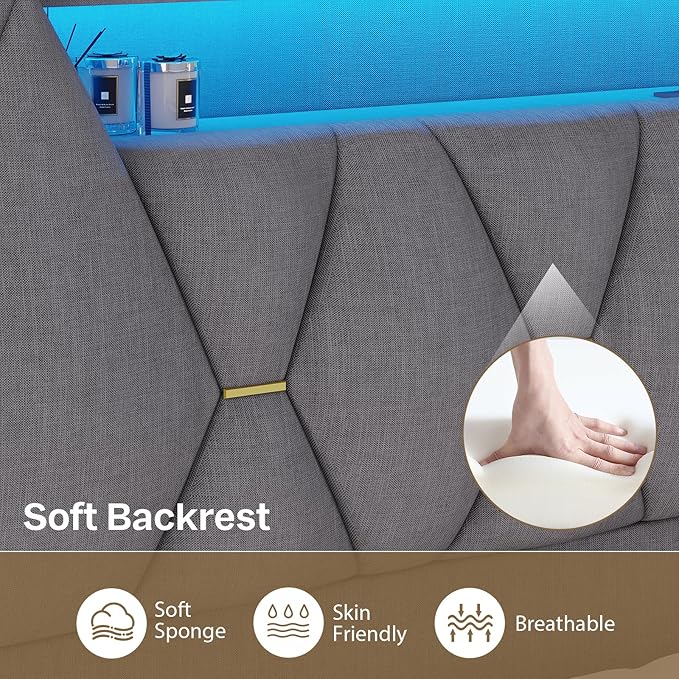 Queen Bed Frame with Headboard, Platform Bed Frame Queen Size with LED Lights & Charging Station, Upholstered Bed Frames with Storage Headboard, No Box Spring Needed, Easy Assembly, Gray