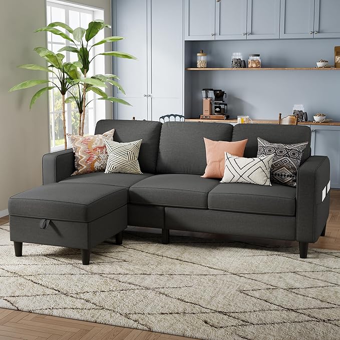 Sectional Sofa Couches for Living Room, Dark Grey 3 Seat L-Shaped Couch with Storage Ottoman, Comfy Linen Convertible Sectionals Sofas with Chaise for Apartment, Office, Small Space