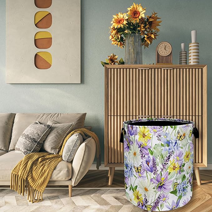 Purple Flower With Butterfly Laundry Basket Foldable With Handles Tote Bag Oxford Cloth Colorful Laundry Hamper 18.9"x16.5 "Clothe Storage Bucket Toy Organizer For Bathroom/Laundry/Bedroom
