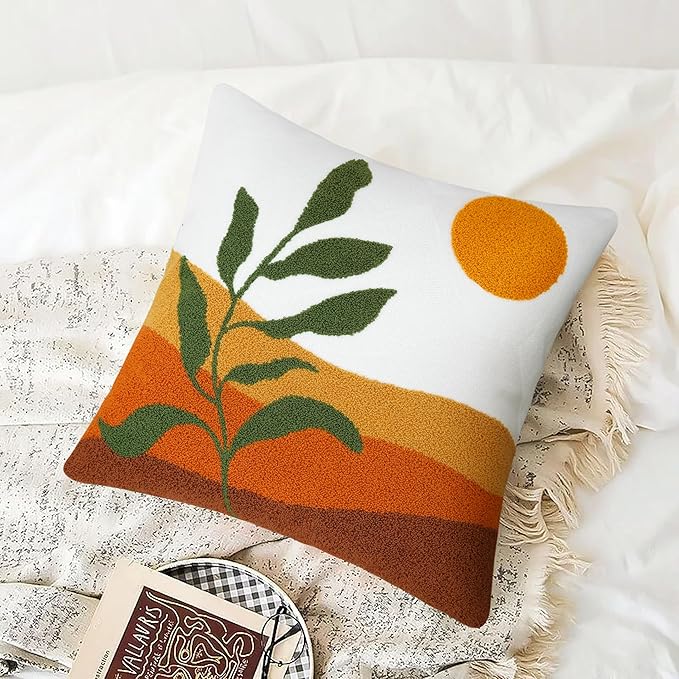 Merrycolor Boho Decorative Throw Pillow Covers Abstract Tufted Mid Century Modern Throw Pillows Green Leaf Sun Aesthetic Textured Pillow Cover Decorative Throw Pillows for Bed Couch Sofa,18x18