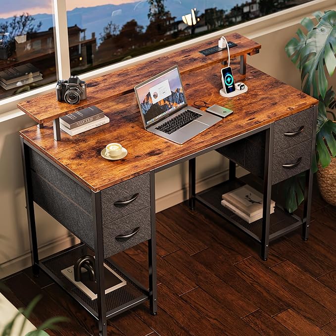 Huuger 47 inch Computer Desk with 4 Drawers, Gaming Desk with LED Lights & Power Outlets, Home Office Desk with Large Storage Space for Bedroom, Work from Home, Rustic Brown and Black