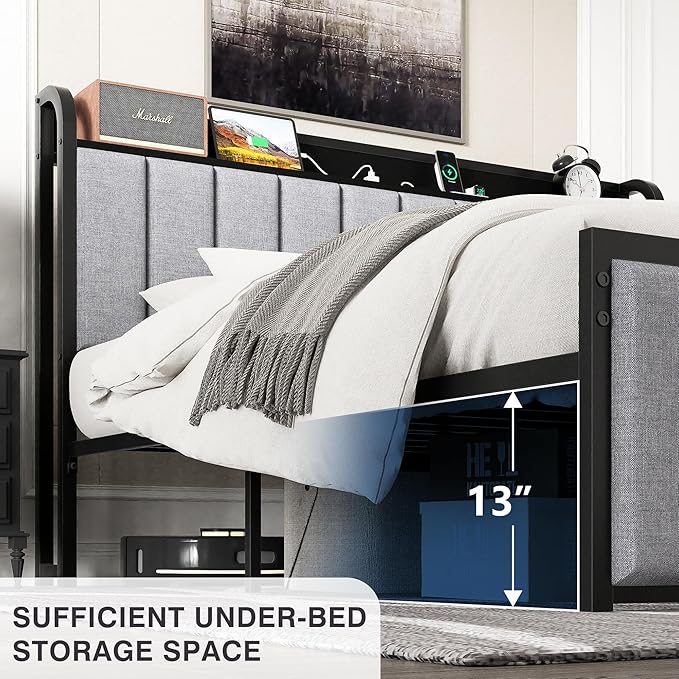 VECELO Bed Frame Full Size with Headboard, Upholstered Platform Bedframe, Heavy Duty Metal Slats, No Box Spring Needed, Easy Assembly, Grey