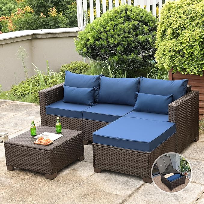 Wicker Patio Furniture Patio Couch 3 Pieces Patio Furniture Set Outdoor Sectional with Ottoman and Outdoor Storage Table with Lining Weathering Non-slip Cushions Waterproof Covers, Navy Blue