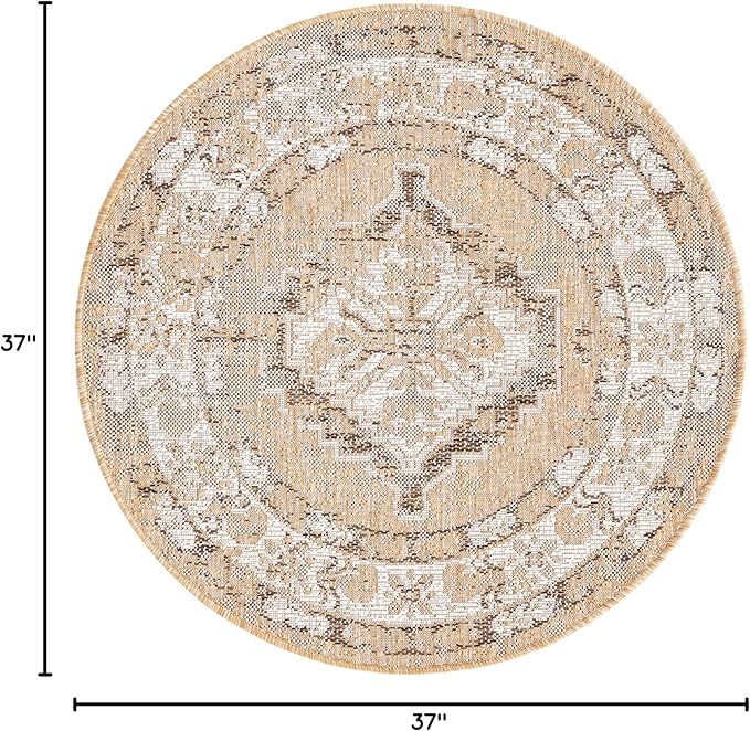 Unique Loom Outdoor Traditional Collection Area Rug - Valeria (3' 1" Round, Natural/ Ivory)