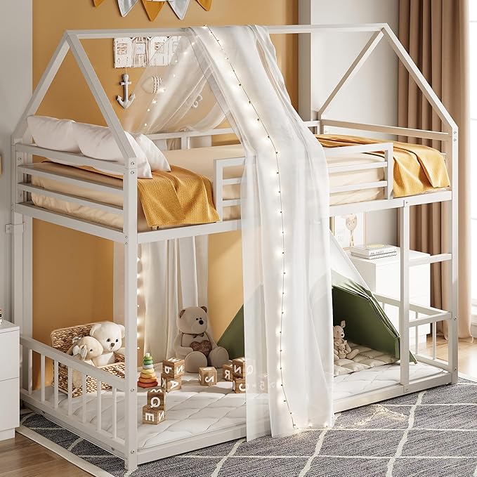 LIKIMIO Bunk Bed Twin Over Twin, House Bunk Bed Frame with Ladder and Guardrail, House Shaped with Metal Slats for Dormitory and Bedroom, Space Saving, No Box Spring Needed, White