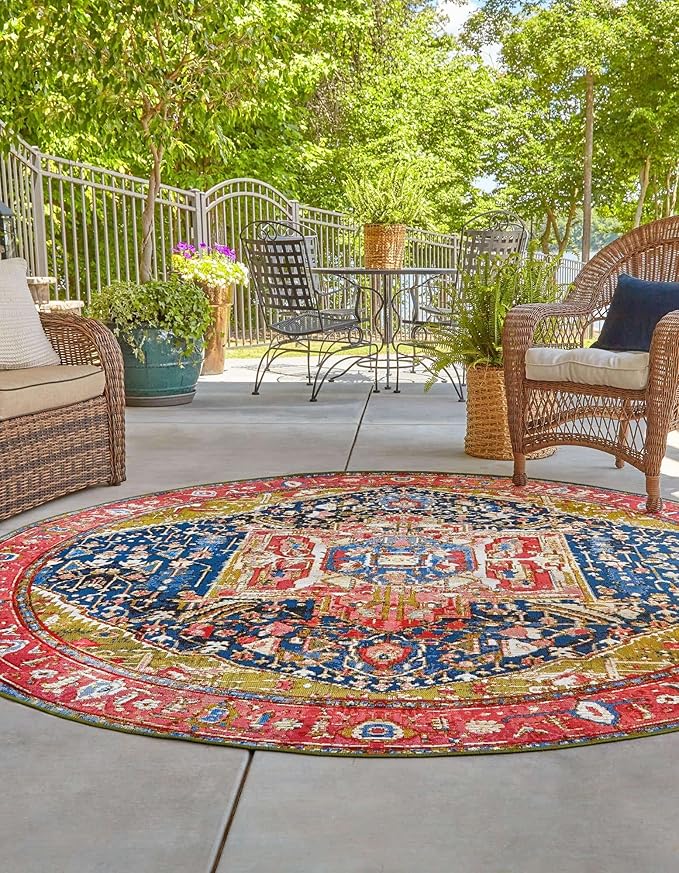 Unique Loom Outdoor Traditional Collection Area Rug - Limon (4' 1" Round Multi/Red)