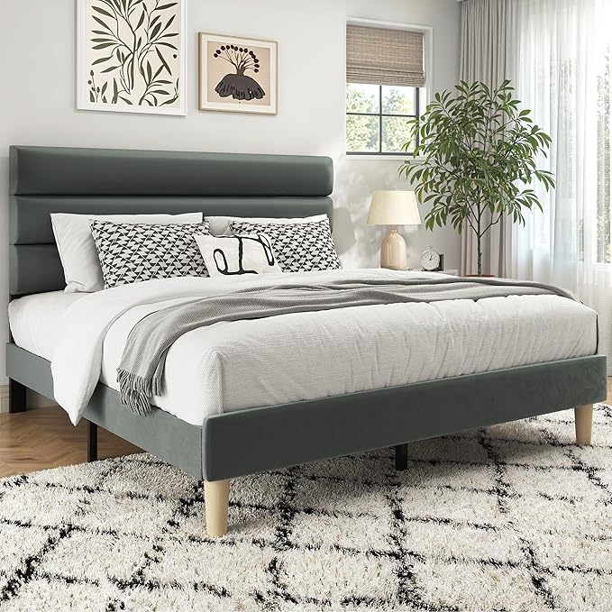 Queen Bed Frame, Platform Bed Frame with Velvet Upholstered Headboard, No Box Spring Needed, Sturdy Metal Support, Noise Free, Easy Assembly, Modern Bedroom Furniture, Grey