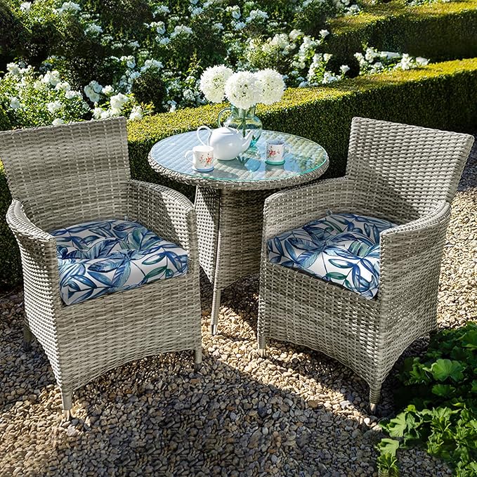 Set of 2 Outdoor Tufted Chair Cushions 19"x19"x4", Water Repellent Patio Seat Cushions with Ties, Replacement Chair Pads for Wicker Dining and Patio Furniture - Leaves Ink Blue
