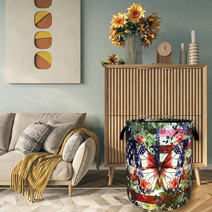 Beautiful Butterfly American Flag Laundry Basket Foldable Oxford Cloth Laundry Hamper With Handle Portable Clothes Storage Basket 18.9 X 16.5 Inch Storage Bag For Laundry Room/Bathroom/Bedroom