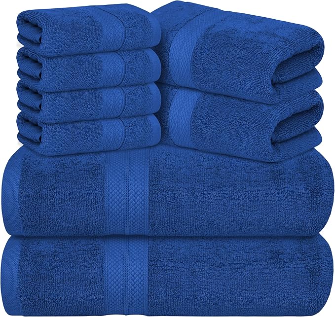 Avalon Towels Luxury 8 Piece Towels Set, 2 Bath Towels, 2 Hand Towels and 4 Washcloths, 600 GSM 100% Ring Spun Cotton Highly Absorbent Bathroom Towel Set, Ideal for Hotel, Spa and Gym (Royal Blue)