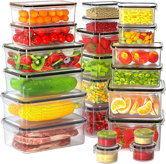 44 PCS Food Storage Containers with Lids Airtight, BPA Free Plastic Meal Prep Containers Reusable, Microwave/Freezer/Dishwasher Safe Leakproof Fruit Vegetables Containers for Kitchen(Black)