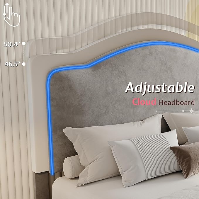 Jocisland Twin Bed Frame with 51" Tall & Thick Adjustable Headboard, Storage Drawer, RGB LED Lights, No Box Spring Needed, Velvet Upholstered, Grey