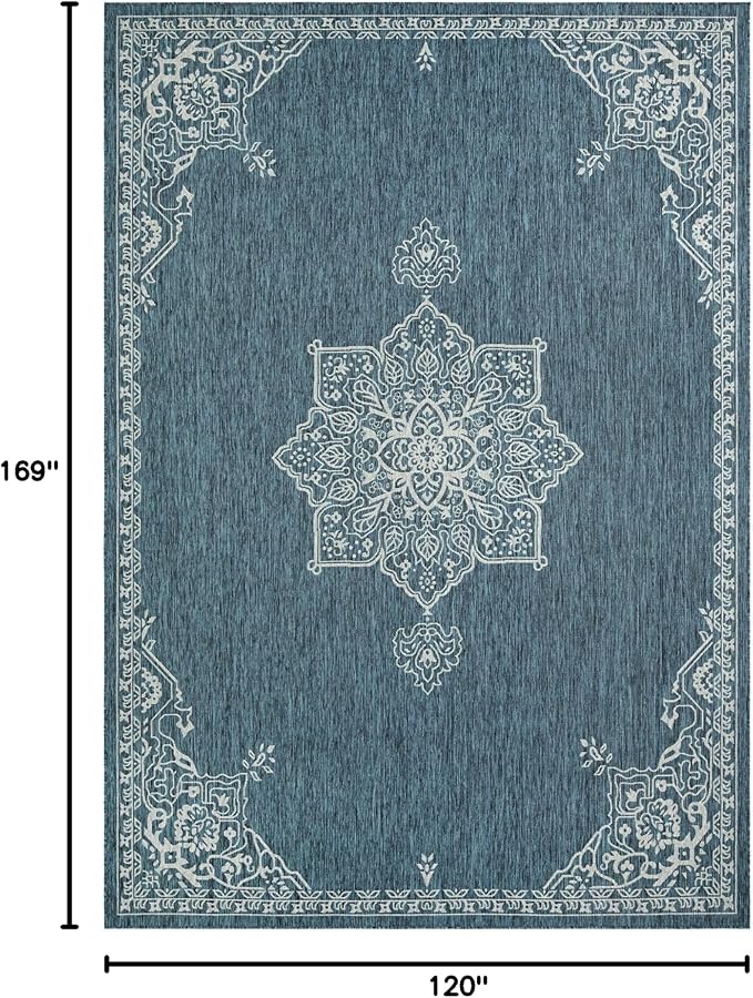 Unique Loom Outdoor Traditional Collection Area Rug - Antique (10' x 14' 1" Rectangle Teal/Ivory)