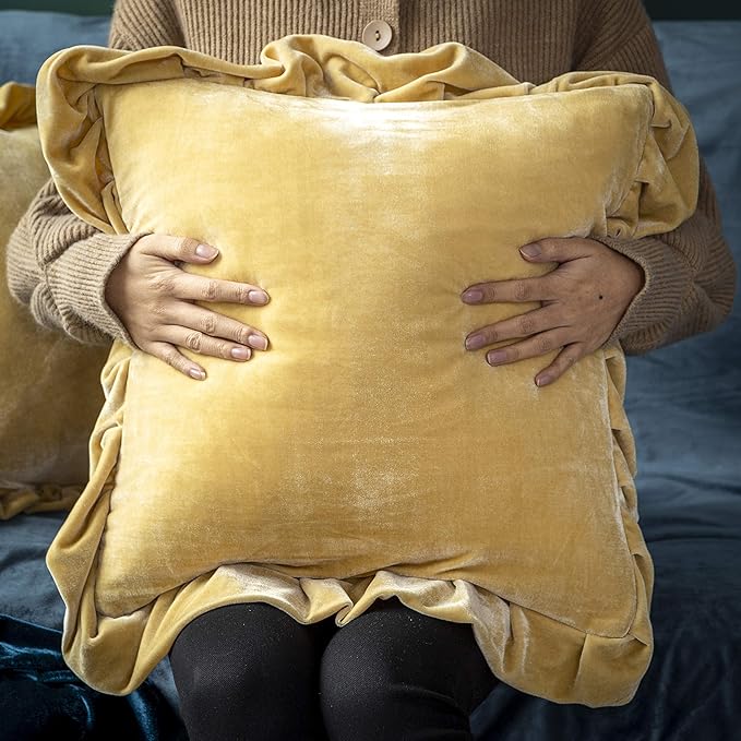 Velvet Throw Pillow Cover Soft Decorative Luxurious Solid Square Cushion Case for Sofa Couch Bedroom Farmhouse,Pack of 2, 18 x 18 Inches, Butter Yellow