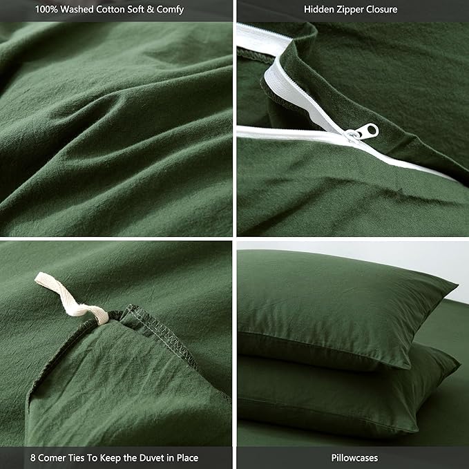 MooMee Bedding Duvet Cover Set 100% Washed Cotton Linen Like Textured Breathable Durable Soft Comfy (Solid Forest Green, Alaska King 132"x120")