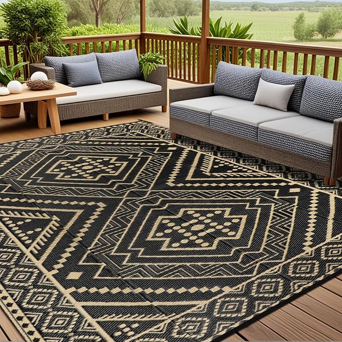 Waterproof Outdoor Rug 8x10 ft, Reversible Plastic Straw Mat, Large Floor Mat for Patio, Camping, Picnic, Backyard RV, Deck, Black