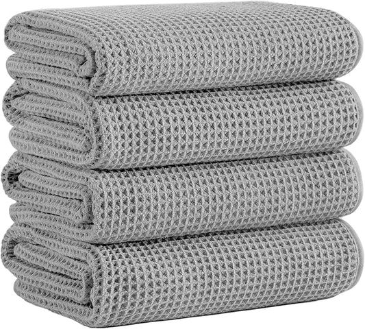 Microfiber Waffle Bath Towels, 4 Pieces, Soft, Absorbent, Fast Drying, Lint Free (Silver)