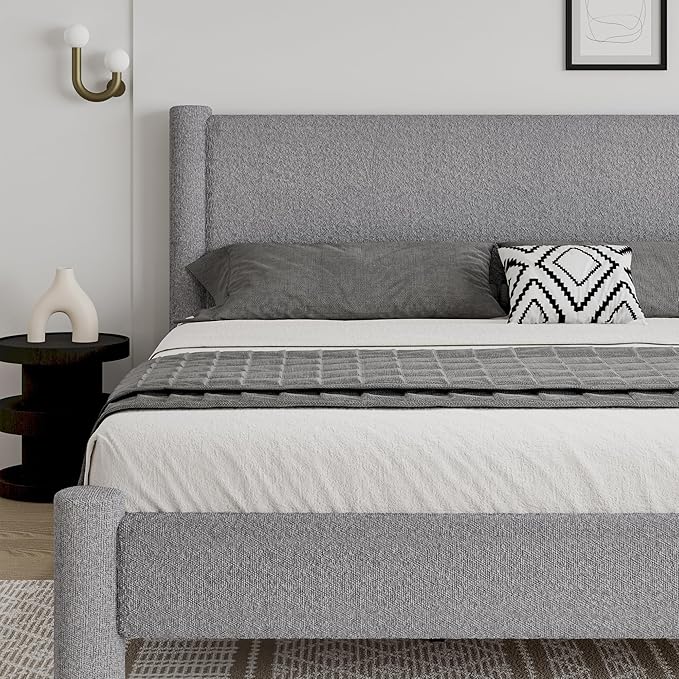 King Size Bed Frame, Boucle Upholstered Platform Bed with Headboard and Footboard, Soft Rounded Corners, No Box Spring Required, Easy Assembly, Light Grey