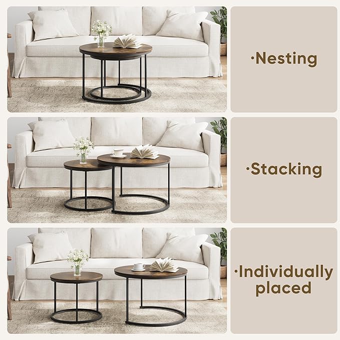 Smuxee Rustic Nesting Coffee Table Set of 2, 27.6" Round Coffee Table Wooden Marble Pattern with Adjustable Non-Slip Feet, Industrial End Table for Living Room Bedroom Balcony