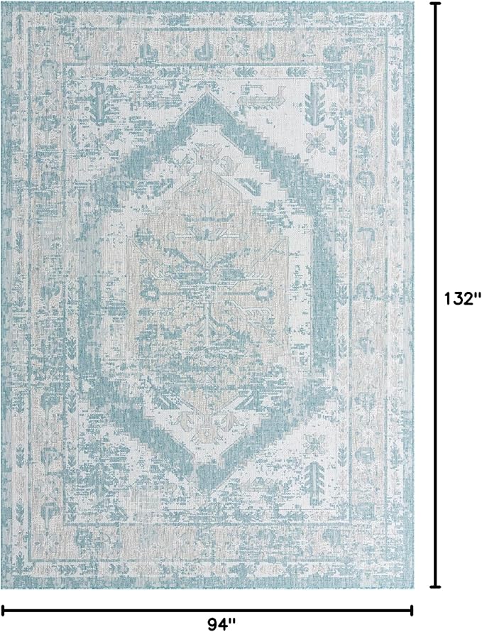 Unique Loom Outdoor Traditional Collection Area Rug - Valeria (7' 10" x 11' Rectangle, Aqua/ Ivory)