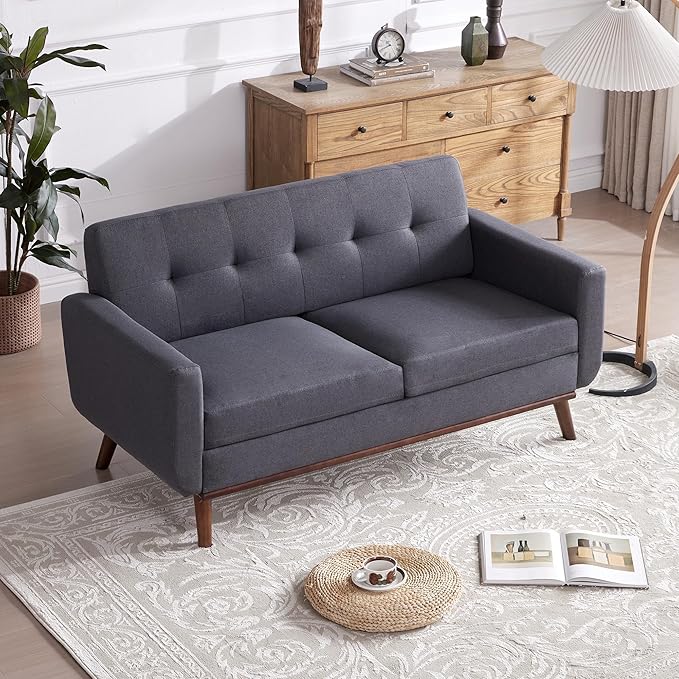 Kingfun 65" W Loveseat Sofa, Mid Century Modern Decor Love Seat Couches for Living Room, Button Tufted Upholstered Furniture, Solid & Easy to Install Small Couch for Bedroom Office Apartment,Gray