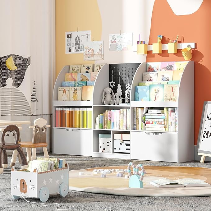 Toy Storage Organizer, Kids Book Shelf and Toy Organizer, 67" Toy Organizers and Storage with Movable Drawers, Playroom Organization and Kids Reading Nook with 5 Storage Cubbies, White