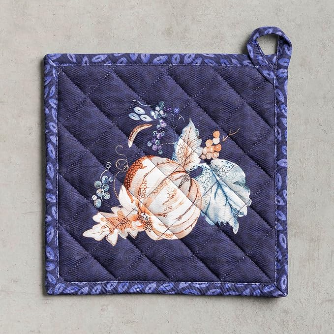 Maison d' Hermine Pot Holders 100% Cotton Heat Resistant Potholders 8" x 8" Hot Pads with Loop for Thanksgiving Christmas Decorations BBQ Cooking Baking Handling Hot Pans (Pack of 1, Pumpkin Blues)
