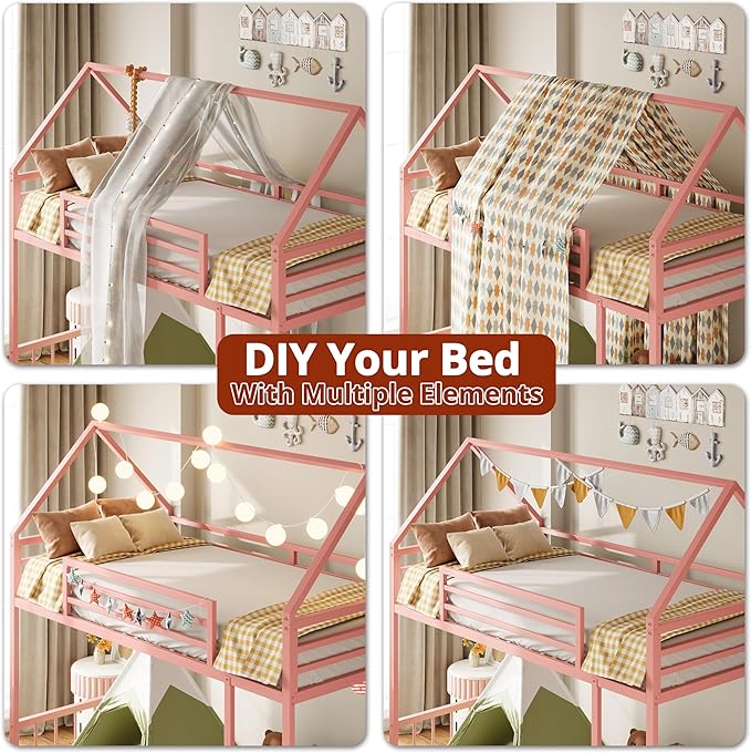 LIKIMIO Bunk Bed Twin Over Twin, House Bunk Bed Frame with Ladder and Guardrail, House Shaped with Metal Slats for Dormitory and Bedroom, Space Saving, No Box Spring Needed, Pink