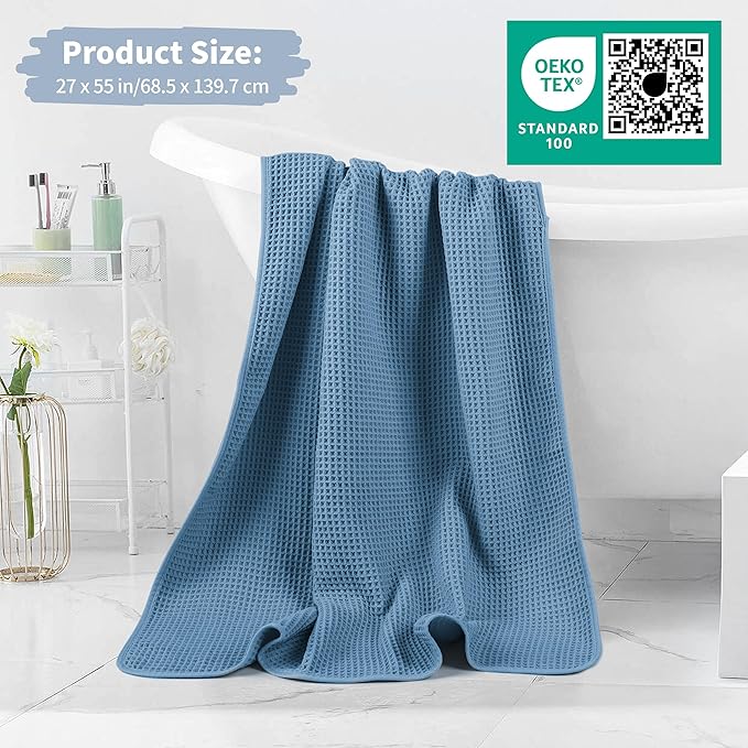 Microfiber Waffle Bath Towels, 4 Pieces, Soft, Absorbent, Fast Drying, Lint Free (Blue)