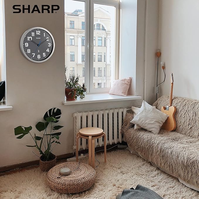 Sharp Atomic Analog Wall Clock - 12" Grey Face, Silver Brushed Finish - Sets Automatically- Battery Operated - Easy to Read - Easy to Use – Modern Design and Style