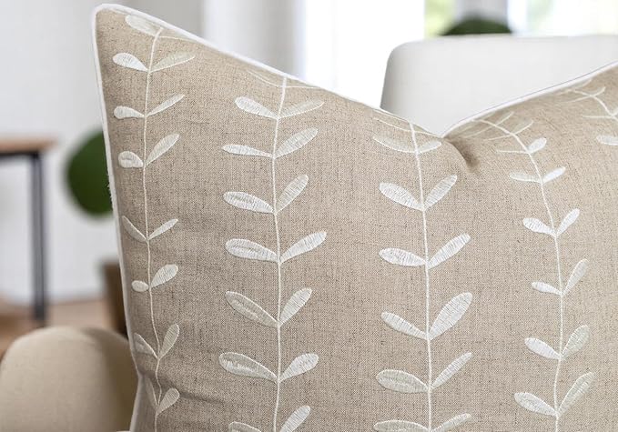 VAGMINE Embroidered Lollipop Pillow Cover - 18x18 Inches Square - 100% Linen Natural Decorative Cushion Cover - Farmhouse Rustic Embroidery - Cozy Accent for Sofa, Bed, Living Room, Neutral Home Decor