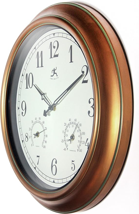 Infinity Instruments Craftsman 18 inch Copper Petina Outdoor Clock Thermometer Combo Patio Waterproof Large Wall Weather Station Weatherproof Decorative Outdoor Wall Clock Thermometer Hygrometer
