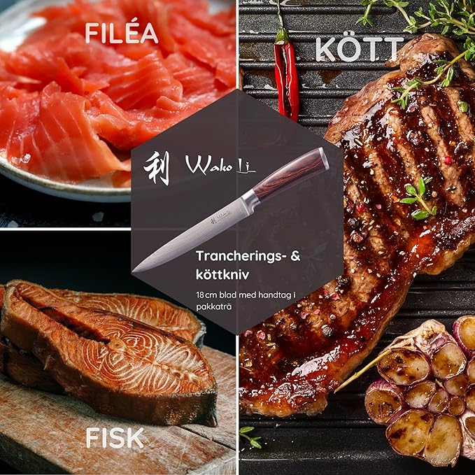 Wakoli EDIB Damascus Meat Knife – 7-inch blade made of 67 layers of Damascus steel with VG10 core, ergonomic Pakkawood Handle, for Meat, Fish, BBQ, Roasts & more – in Gift Box