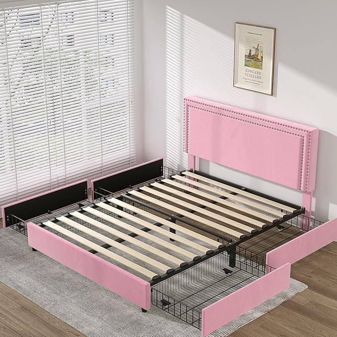 VECELO Queen Size Upholstered Platform Bed Frame with 4 Storage Drawers, Adjustable Velvet Rivets Headboard, Wooden Slats Support, No Box Spring Needed, Easy Assembly