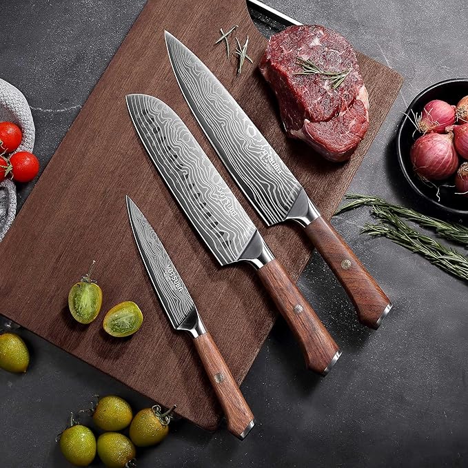 YOTSUBA Kitchen Knives Set, 3 Piece Chef Knife Set, Sharp High Carbon Stainless Steel Forged Blade Professional Kitchen Knife Set with Ergonomic Handle, Chef Knives Set for kitchen with Gift Box