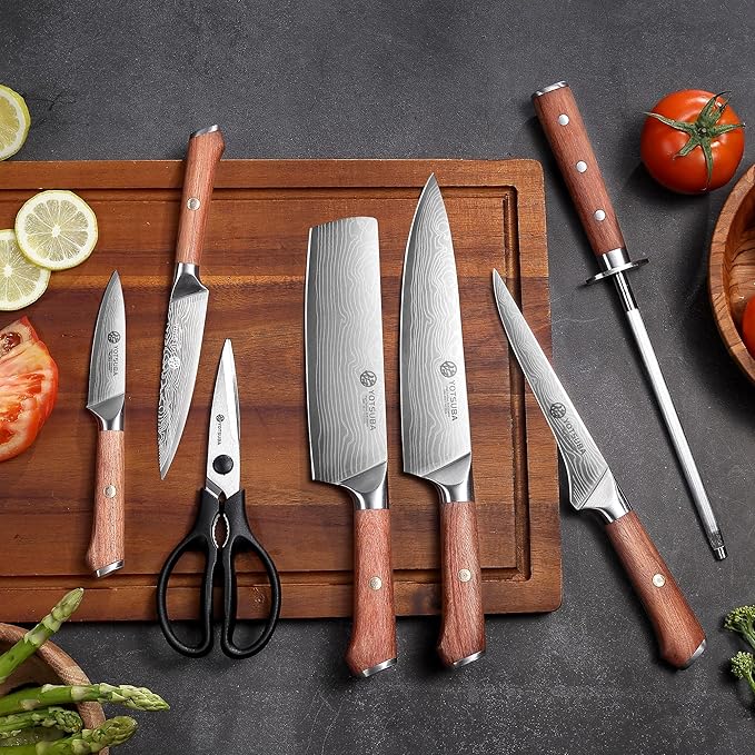 YOTSUBA 8PCS Kitchen Knife Set with Scissors & Sharpener, Ultra Sharp High Carbon Stainless Steel Kitchen Utensils Set with Elegant Rosewood Handle Ergonomic Design, Natural Acacia Block with Gift Box